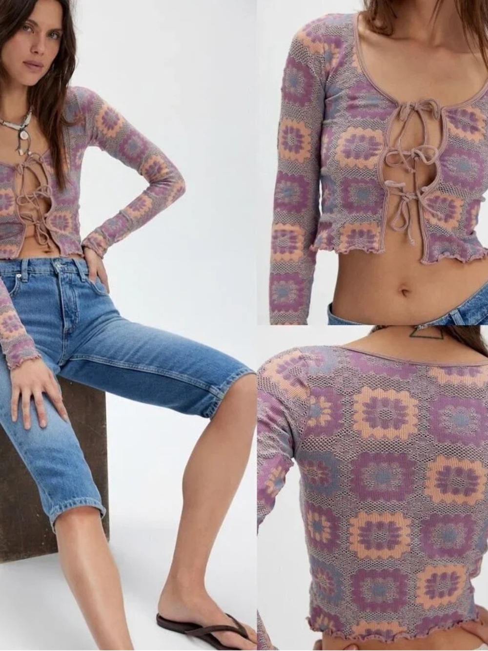 Nwot Free People Purple Free For All Long Sleeve Cardi Top in Lavender & Peach